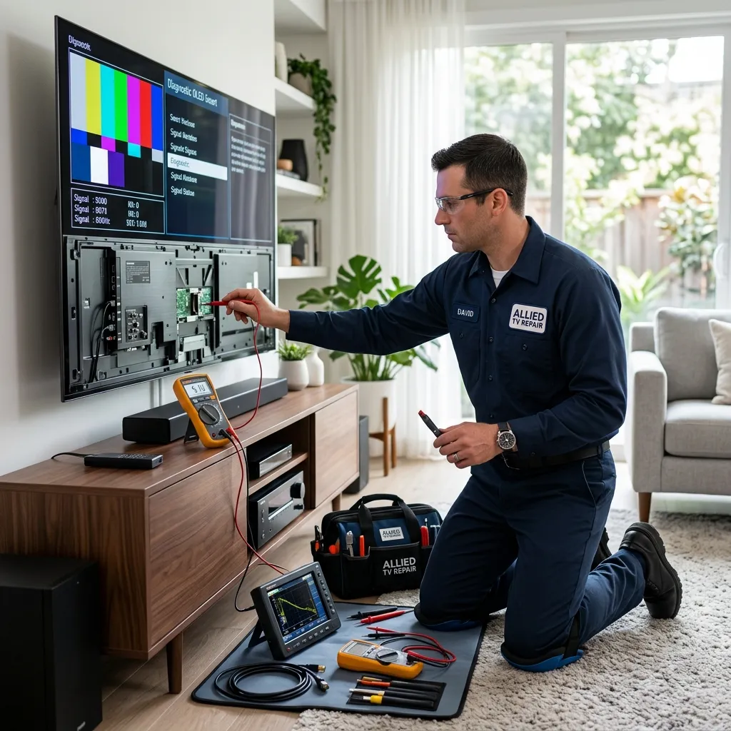 Allied TV Repair technician analyzing a flat-screen smart TV with diagnostics gear