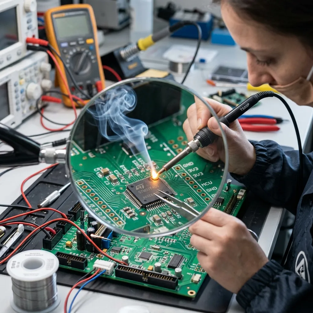 Technician soldering microchip on motherboard