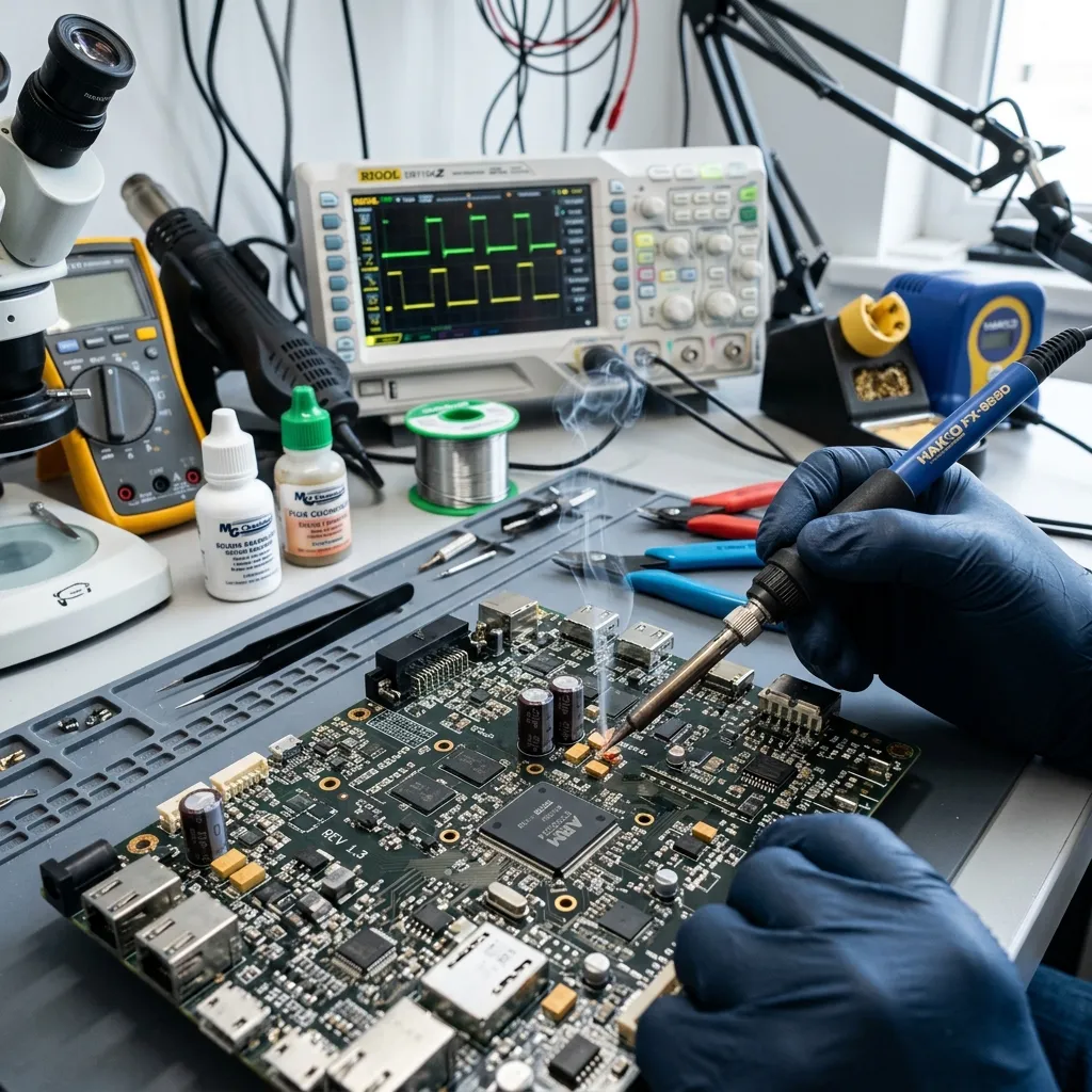 Close-up of Allied TV Repair workbench showing circuit boards, capacitors, and a digital multimeter